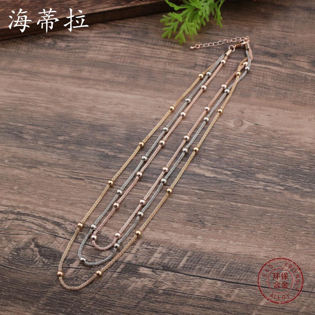 Three-layer Mixed-color Bead Mesh Chain Bracelet Necklace Set, Women's Advanced Sense Stacking Bead Necklace