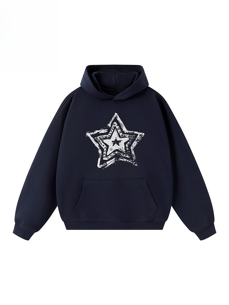 2025 Autumn New American Five-pointed Star Graffiti Printing Warm Loose Hooded Long-sleeved Shirt Men's and Women's Loose Top