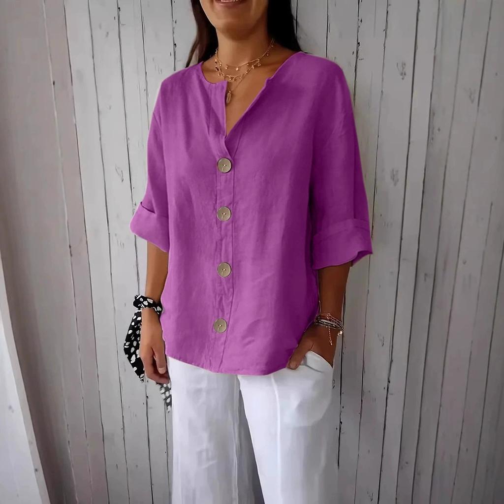 Summer Loose Shirt Women's V-Neck Cotton Linen Button Casual Shirts Solid Fashion Elegant Office Womens Clothing Blouse