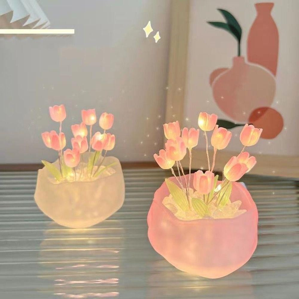 

Unique DIY Pumpkin Cup Tulip Night Imitation Flowers Fairy Light Craft Sleep Light Gift pink-Without Gift bag
