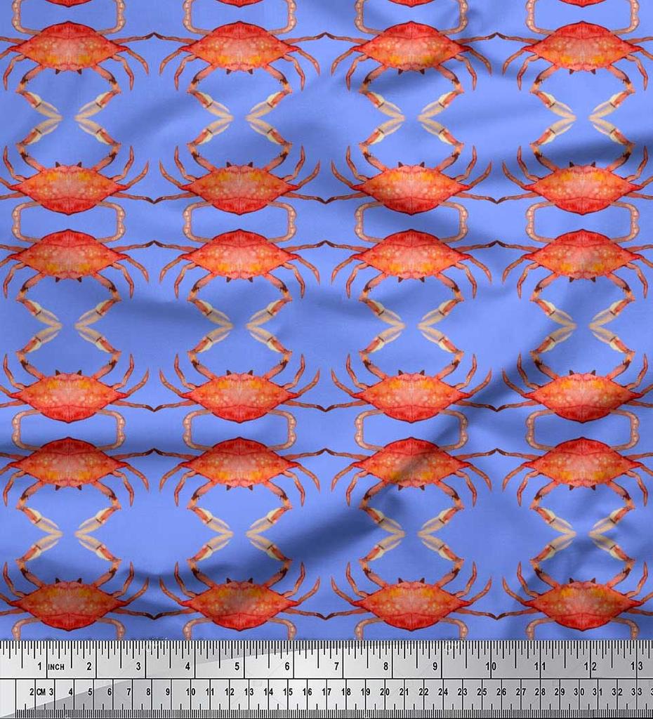 Soimoi Beige Japan Crepe Satin Fabric Crabs Ocean Print Fabric by the metre 42 Inch