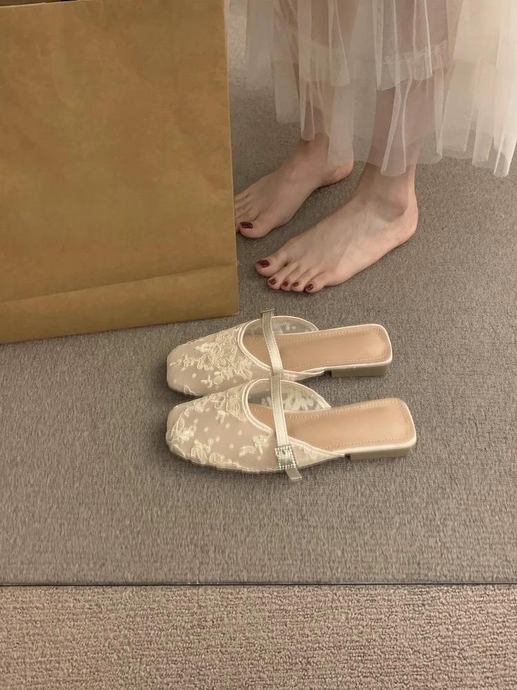 

Французские туфли-мюли с открытой пяткой, женская летняя обувь 2025, новинка, толстый каблук, сумка, слово, сандалии, ленивые туфли-мюли 35