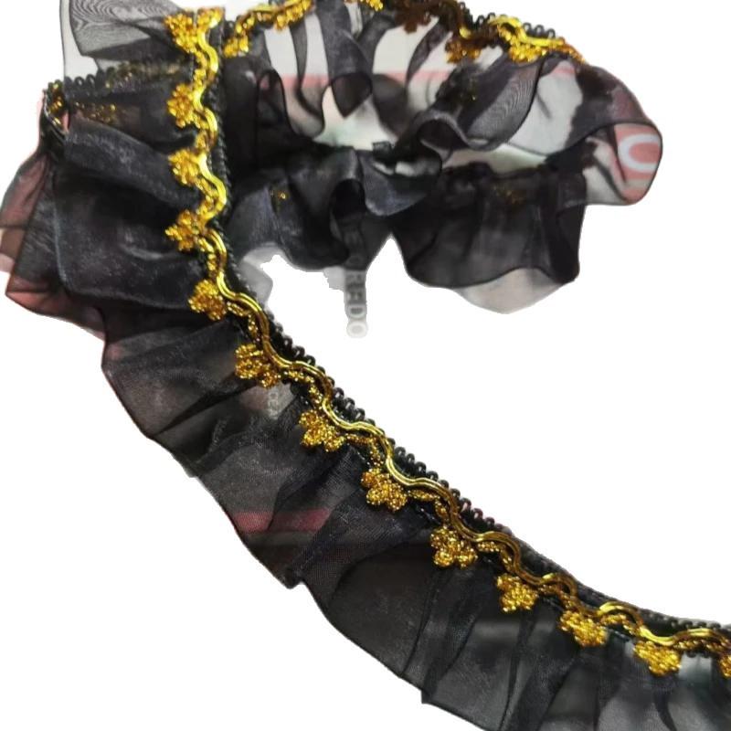 Nastro di Garza Pieghettata Oro e Nero Largo 5CM per Collare in Pizzo Fai-da-te e Accessori per Orlo di Gonna – Stile Etnico