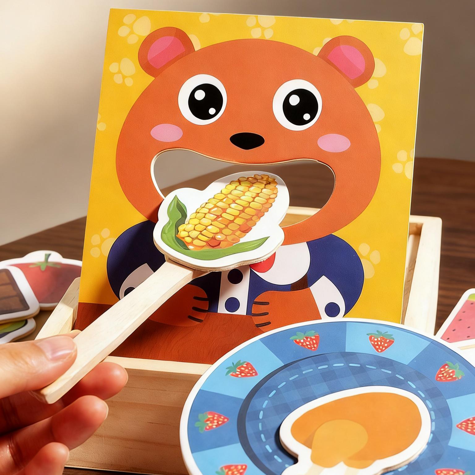 

Wooden Bear Feeding Game Toddlers 30 Food Cards Fruits Vegetables Desserts Spoon Plate to Boost Fine Motor Skills Food Cognition
