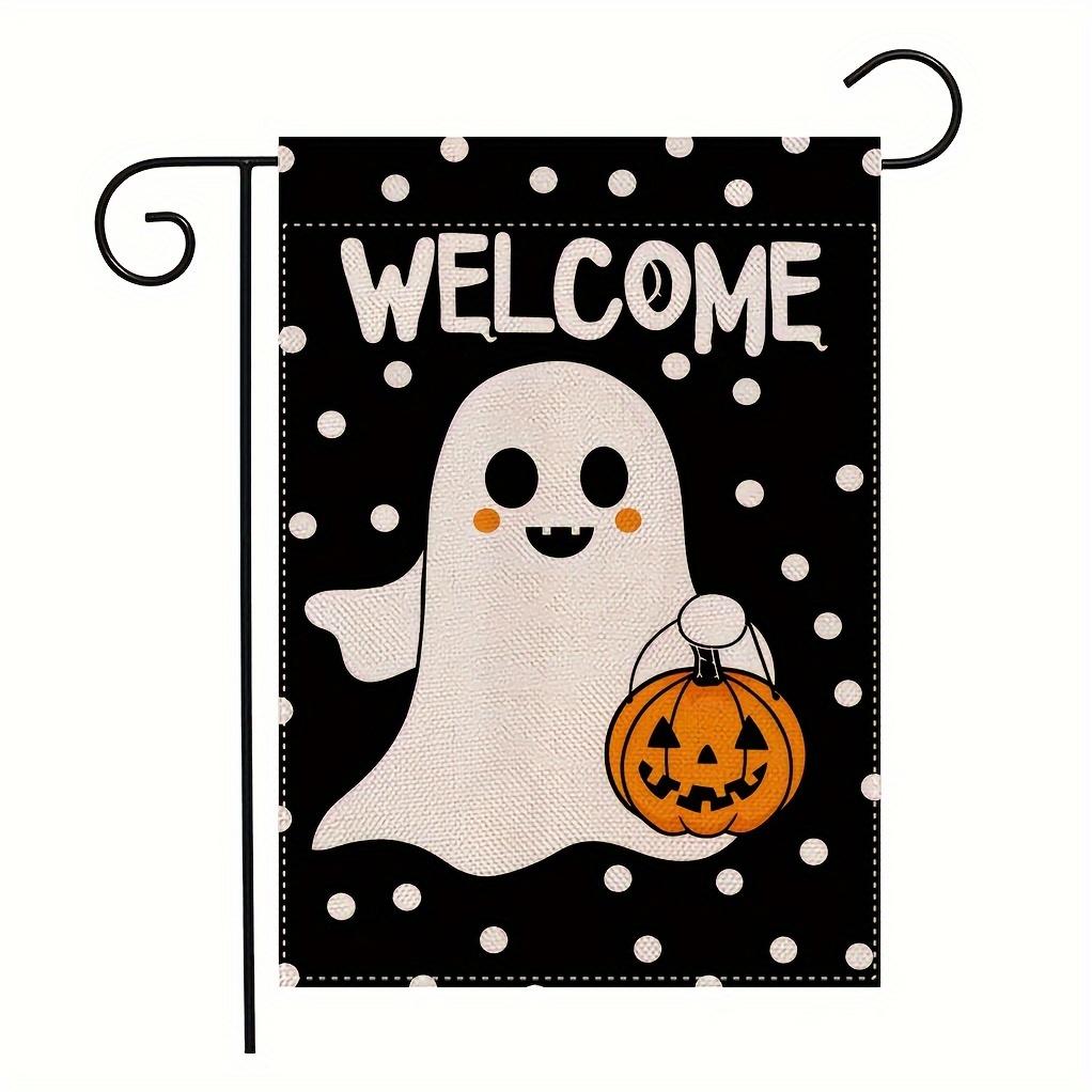 1pc Halloween Ghost Boo Garden Flag Burlap Welcome Seasonal Holiday Yard Outside No Flag Pole 12X18 Inch
