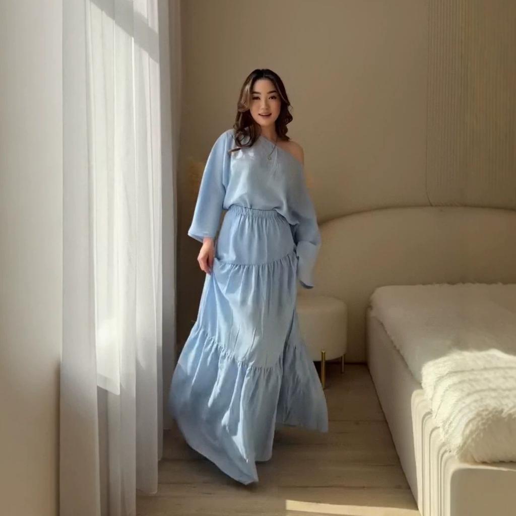 European and women's clothing new holiday style diagonal collar long-sleeved loose top open fork wide swing long skirt set