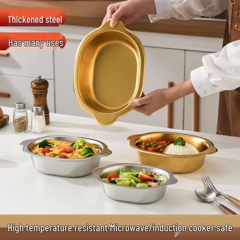 Korean Stainless Steel Oval Ramen Bowl & Salad Plate Combo for Cooking and Serving.