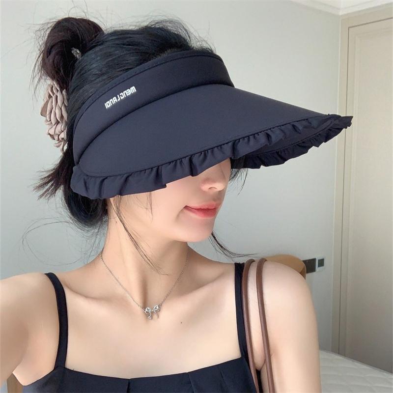 Sweetheart Ice Silk Wide-Brim Lace Sun Hat Breathable Open-Crown Visor With Uv Protection For Travel