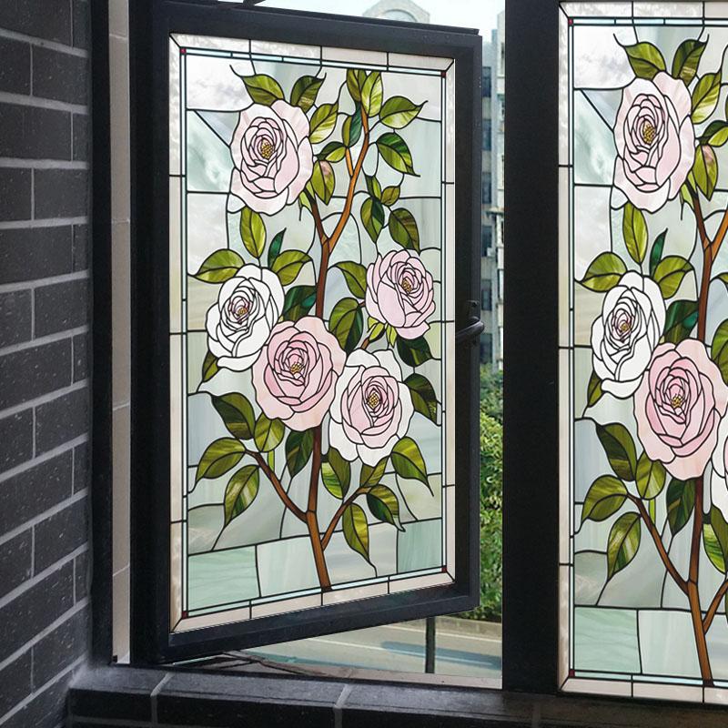 Retro Rose Glass Film Static Cling Self-adhesive Stained Glass Stickers Flower Art Painting Privacy Protection Window Film