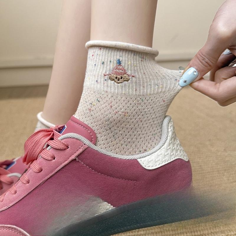Boneless Short Tube Embroidered Bow Socks for Women, Spring and Summer Breathable Ballet-style Women's Socks, College-style Short Socks