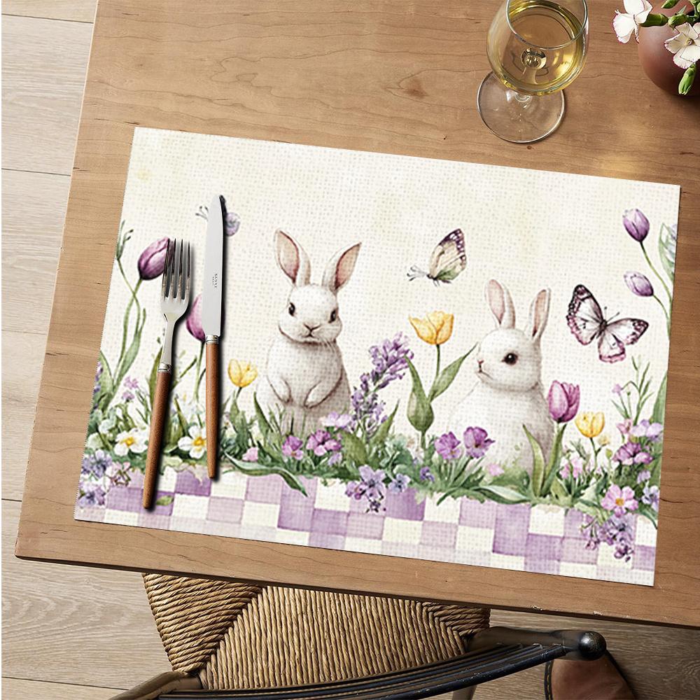 

6PC Easter Bunny and Floral Print Placemats, Heat-insulating Placemats, Suitable for Home Decoration, Holiday Dinning 6PC 30X45cm