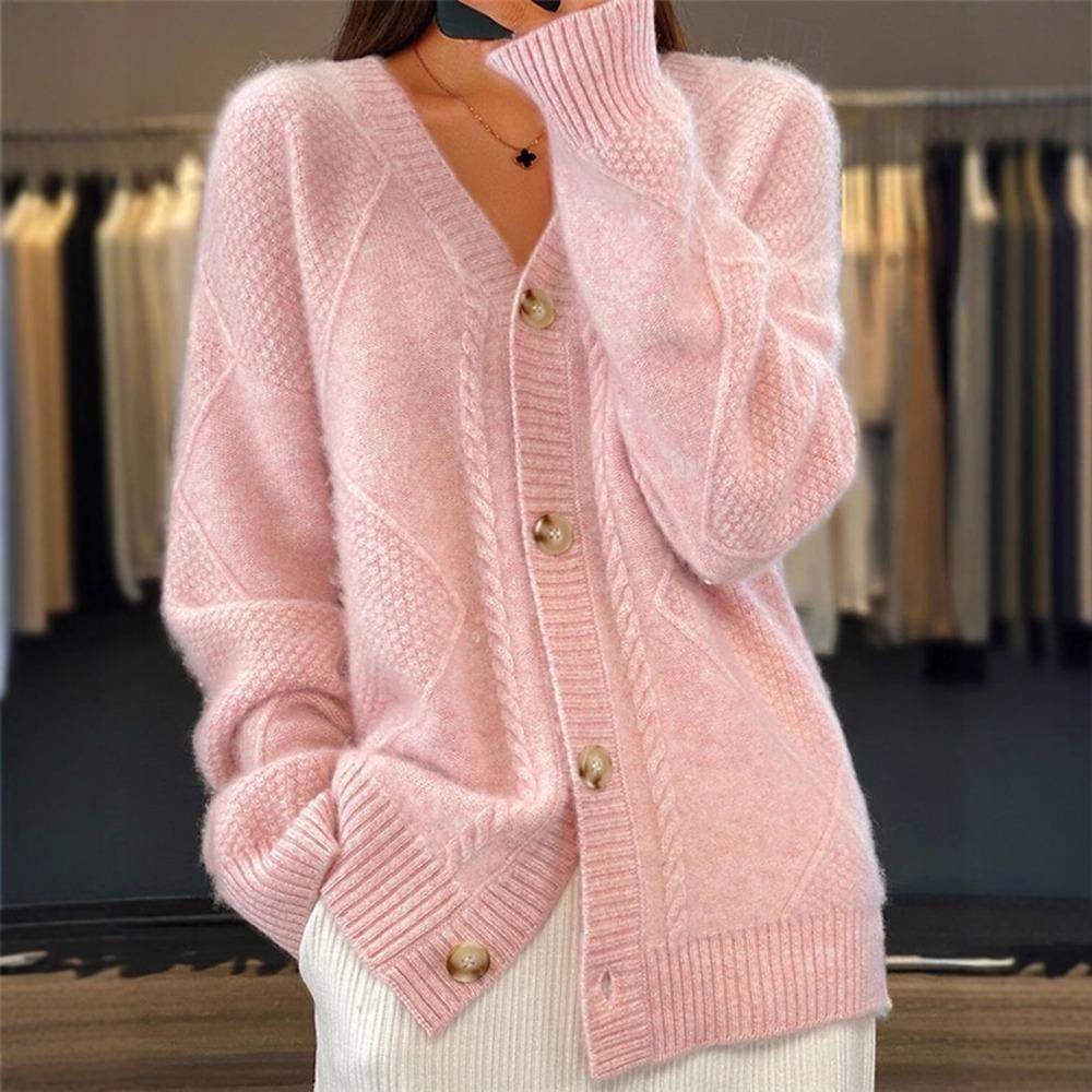 Cardigan da Donna con Scollo a V e Maniche Lunghe, Vestibilità Regolare, Colore Unito, Lavorazione a Treccia, Bottoni, Maglione Cappotto, Outfit Casual Quotidiano