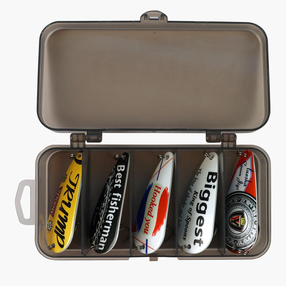 

5 шт./коробка Блесна-спиннер Trump с блестками серебристо-золотистая с тройным крючком, металлическая блесна-ложка, жесткая приманка для рыбалки с коробкой для рыболовных снастей