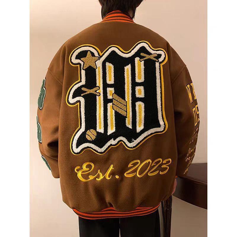 American Baseball Jacket Heavyweight Embroidered Wool Blend Loose Fit Men Women Couple Style Winter
