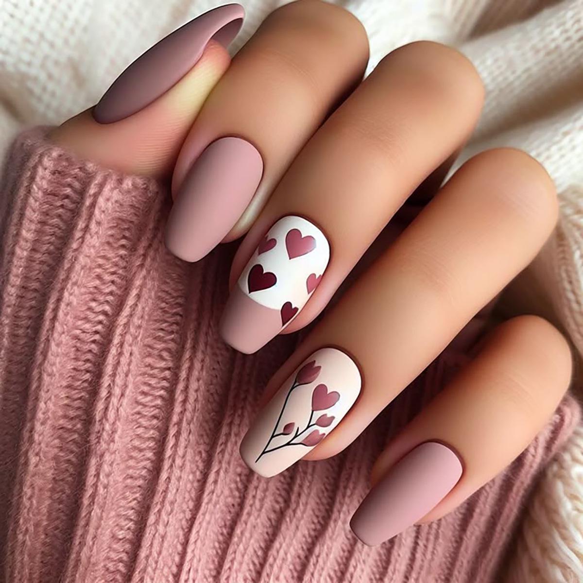 Medium-Length Frosted Heart Floral Ballet Nails - Sweet & Cute European American Style F-931