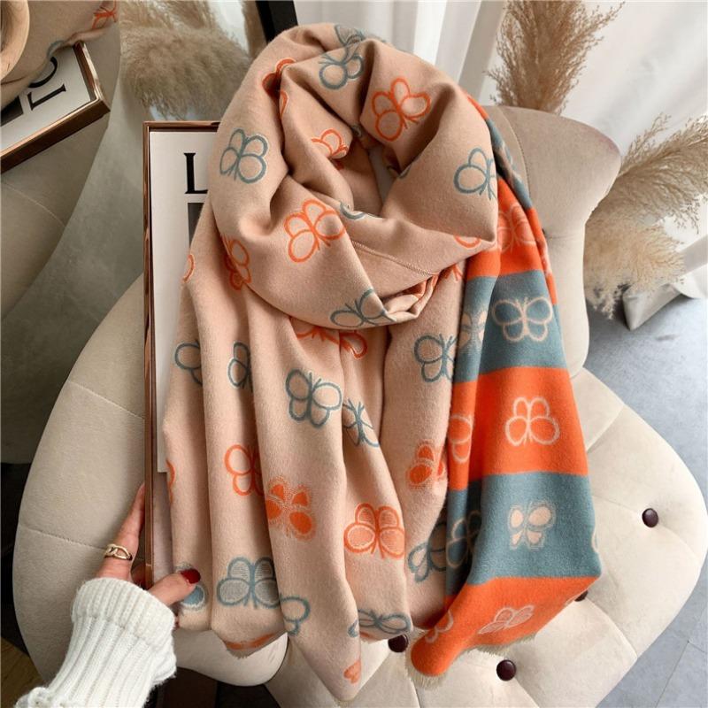 Autumn and winter new butterfly double-sided imitation cashmere scarf women's high-end sense thickened warm fashion shawl scarf