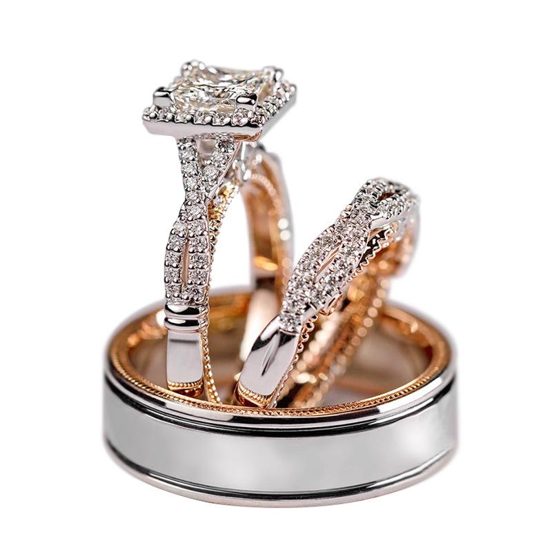 Rose Gold Two-Tone Sparkling Zircon Three-Piece Ring Set: Luxury Engagement Ring for Women