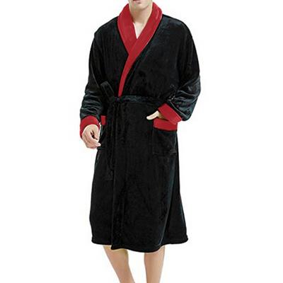 Men Winter Nightgown Thick Plush Print Coral Fleece Great Water Absorption Long Sleeve Tie Waist Pockets Color Matching Homewear Sleepwear Robe