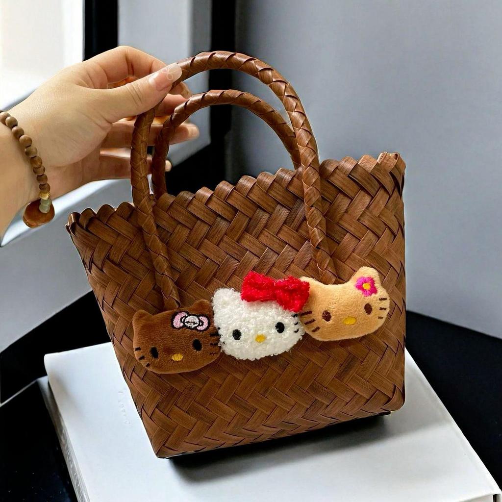 Summer 2025 Cartoon Cat Handbag - Handmade Imitation Rattan Woven Basket for Single Shoulder Use