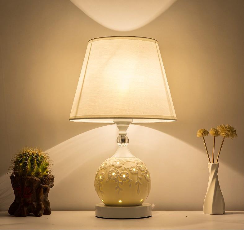 European Style Ceramic Bedside Lamp: Fashionable, Dimmable Night Light with Fabric Shade for Bedroom or Study.