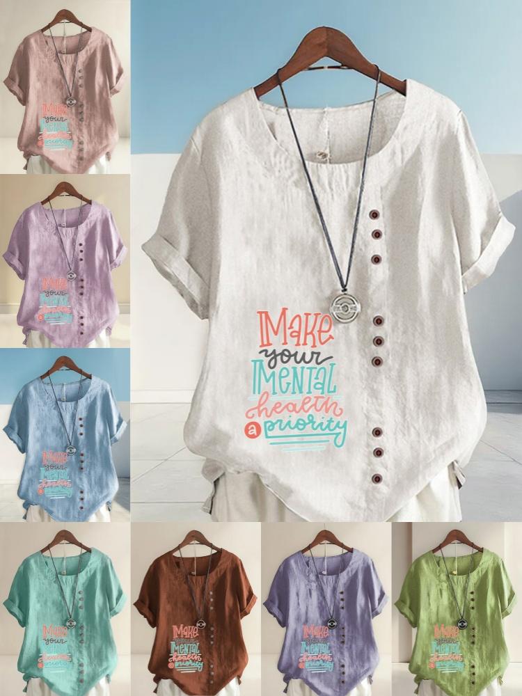 Women's Fashion Multi-color Letters Print Round Neck Short Sleeve T-shirt Summer Casual Cotton Linen Graphic Shirt Leisure Loose Blouse Tops