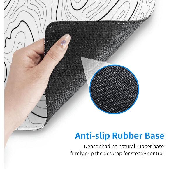 Abstract Topographic Map White Grey Black Gaming Mouse Pad Long Mouse Pad Large Desk Mat 31.5 X 11.8 Inch Mousepad with Non-Slip Base Stitched Edge