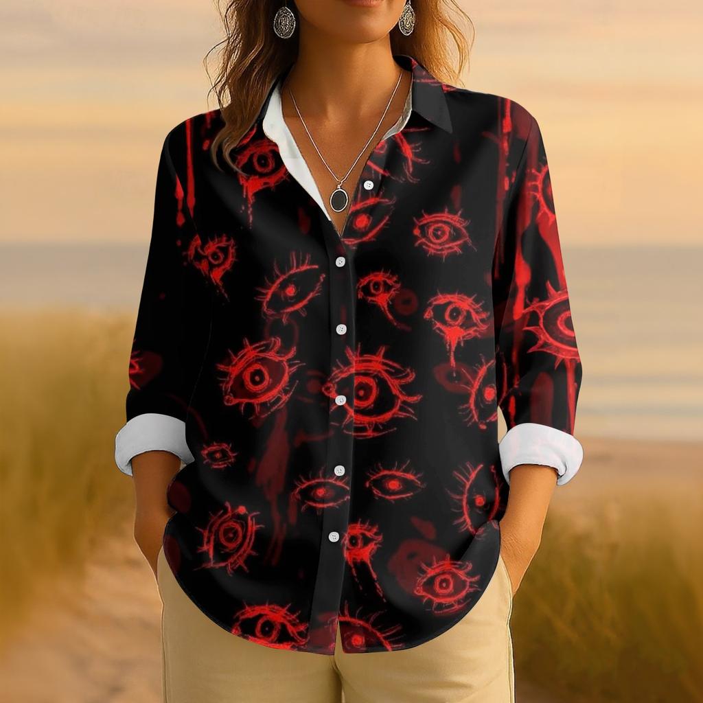 Women's Retro Halloween Printed Button Up Long Sleeved Casual Regular Shirt Collar Top