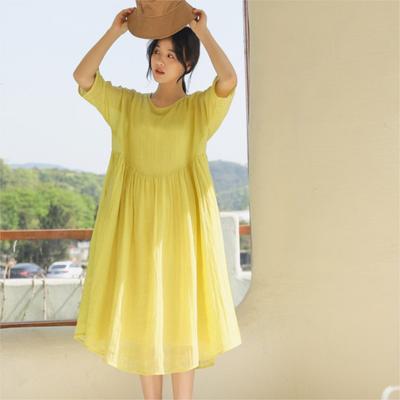 O-Ausschnitt Dreiviertel-Einfarbiges A-Linien-Kleid Frau Herbst Chinesischer Stil Retro Vintage Kleid