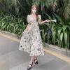 French Cold Wind V-neck Black Floral Dress Women's Summer Medium and Long Retro Thin Lace-up Printed A-shaped Skirt