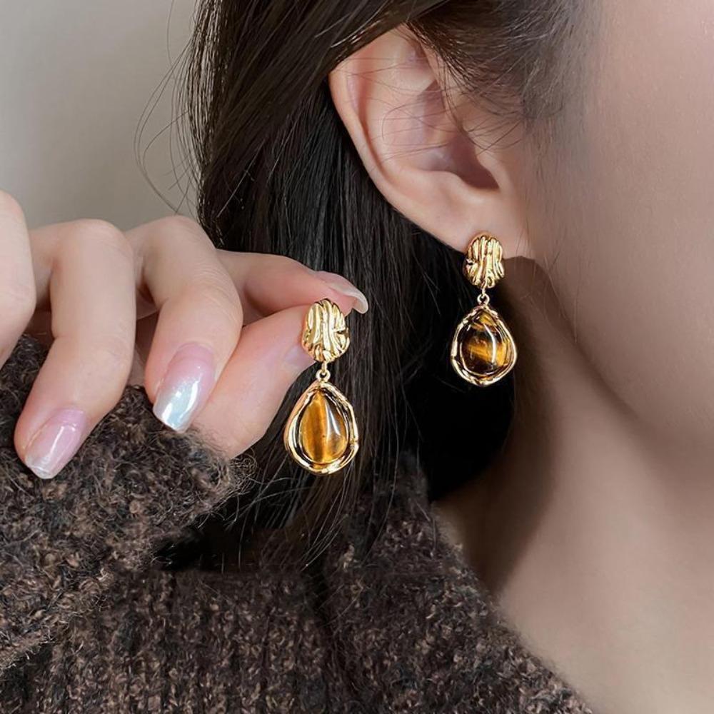 Trendy Retro Irregular Geometric Shape Water Drop Dangle Earrings Maillard Amber Color Earrings for Women Korean Jewelry Gifts