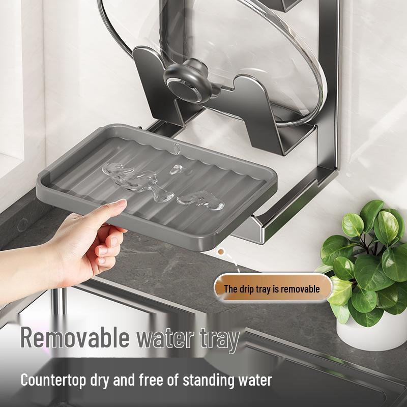 Cream White Pot Lid & Pan Holder: Kitchen Countertop Storage Rack for Pots, Lids & Water Draining.