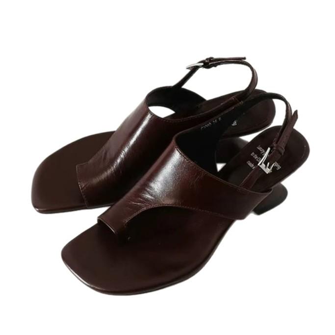 Verze z měkké kůže~ Design silné podpatky vysoké podpatky 2025 léto francouzské retro čtvercová špička kryt prstů sandály dámské svrchní oblečení