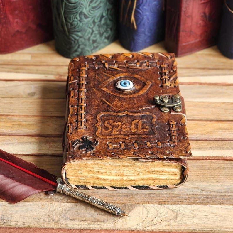 Leather Spellbook Book Of Shadows, Best Halloween Theme Gift, 200 Writing Pages,  Notebook with Evil Eye, Gothic Horror Grimoire,
