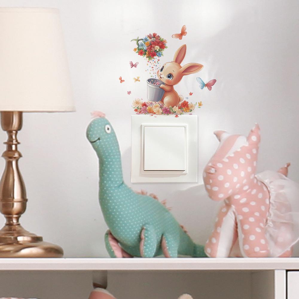 Switch Plate Stickers Cute Rabbit Flower Cartoon Wall Decor for Living Room Bedroom Self Adhesive Peel and Stick Removable Waterproof
