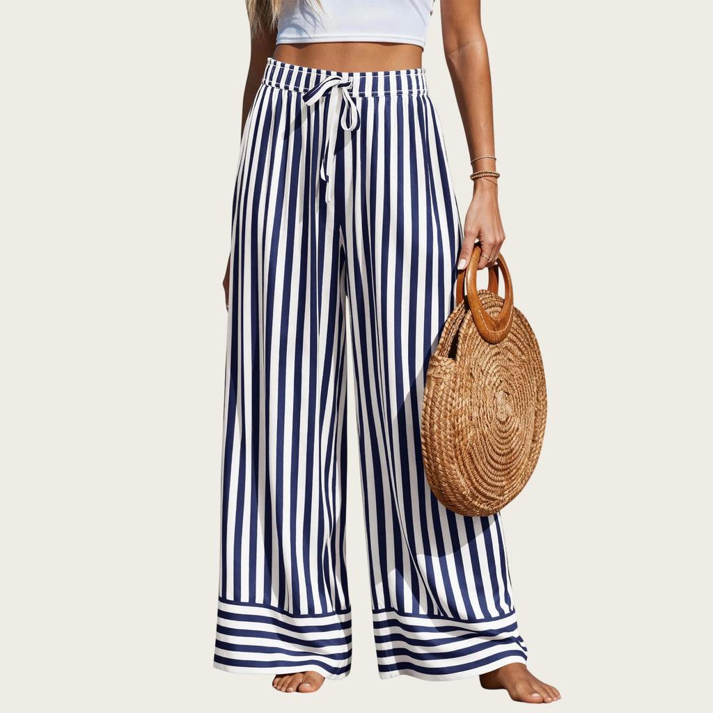Pantaloni Larghi Estivi a Righe da Donna Vita Elastica Pantaloni Casual con Tasche Leggeri Vestibilità Larga Pantaloni da Spiaggia