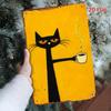 D Flat Vintage Black Cat  Coffee Metal Wall Art Sign  Rustic Iron Black Cat Holding Coffee Cup Weathered Indoor