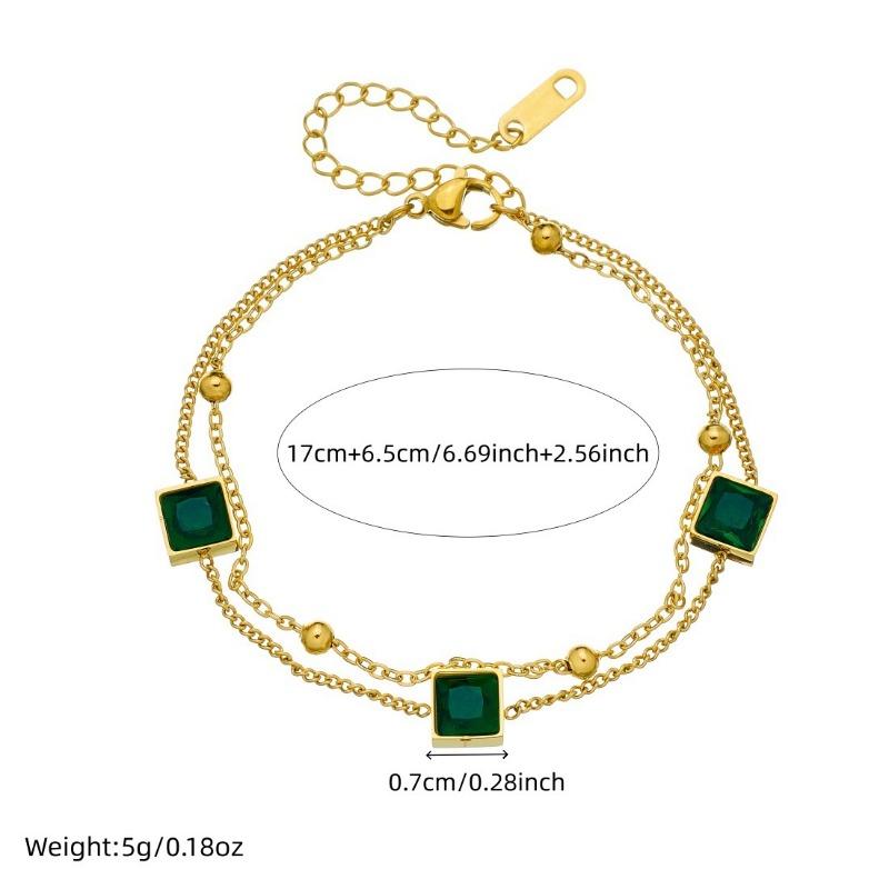Gold Plated Double Layer Bracelet with Square Green Zircon, Vintage Emerald Charm Chain for Women, Dainty Elegant Daily Jewelry