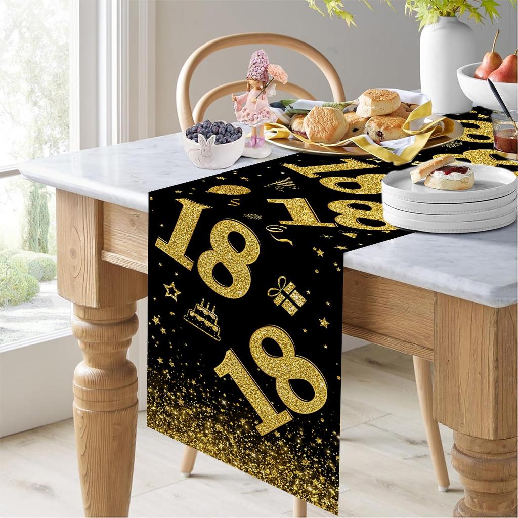 18 30 40 50 Year Old Black Gold Table Runner Happy Birthday Party Decoration Adult 30th 40th 50th 60t Birthday Tablecloth Banner