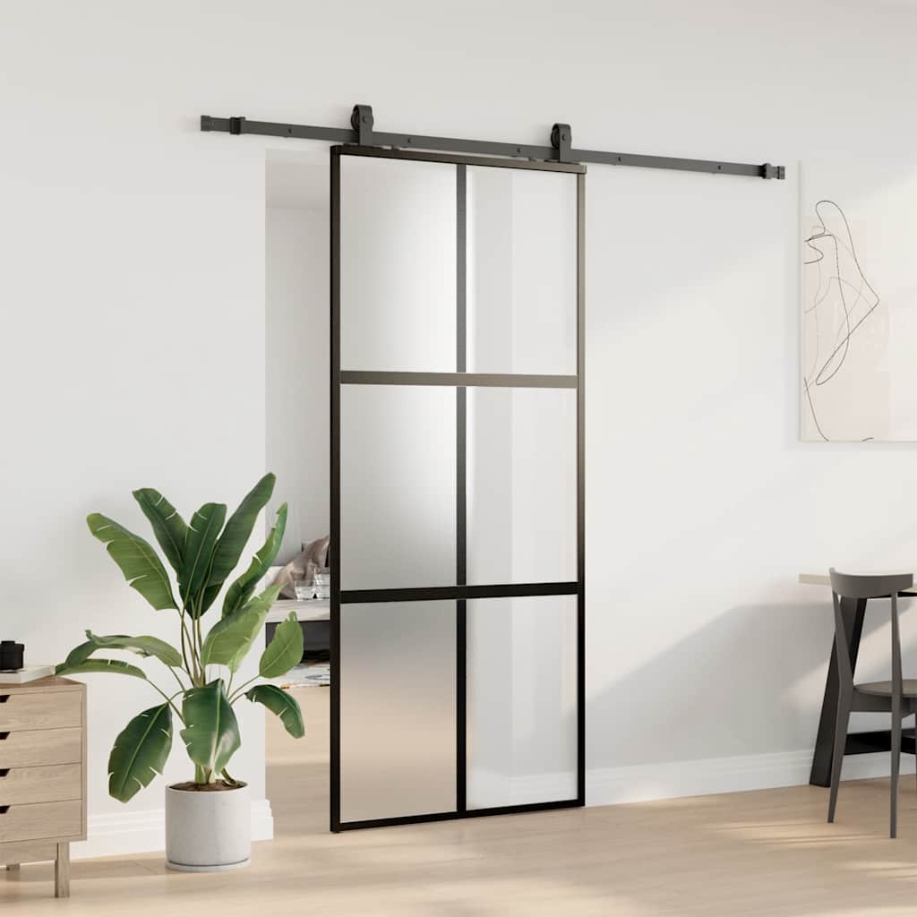 Sliding Door with Fittings Black 90 x 205 cm Tempered Glass