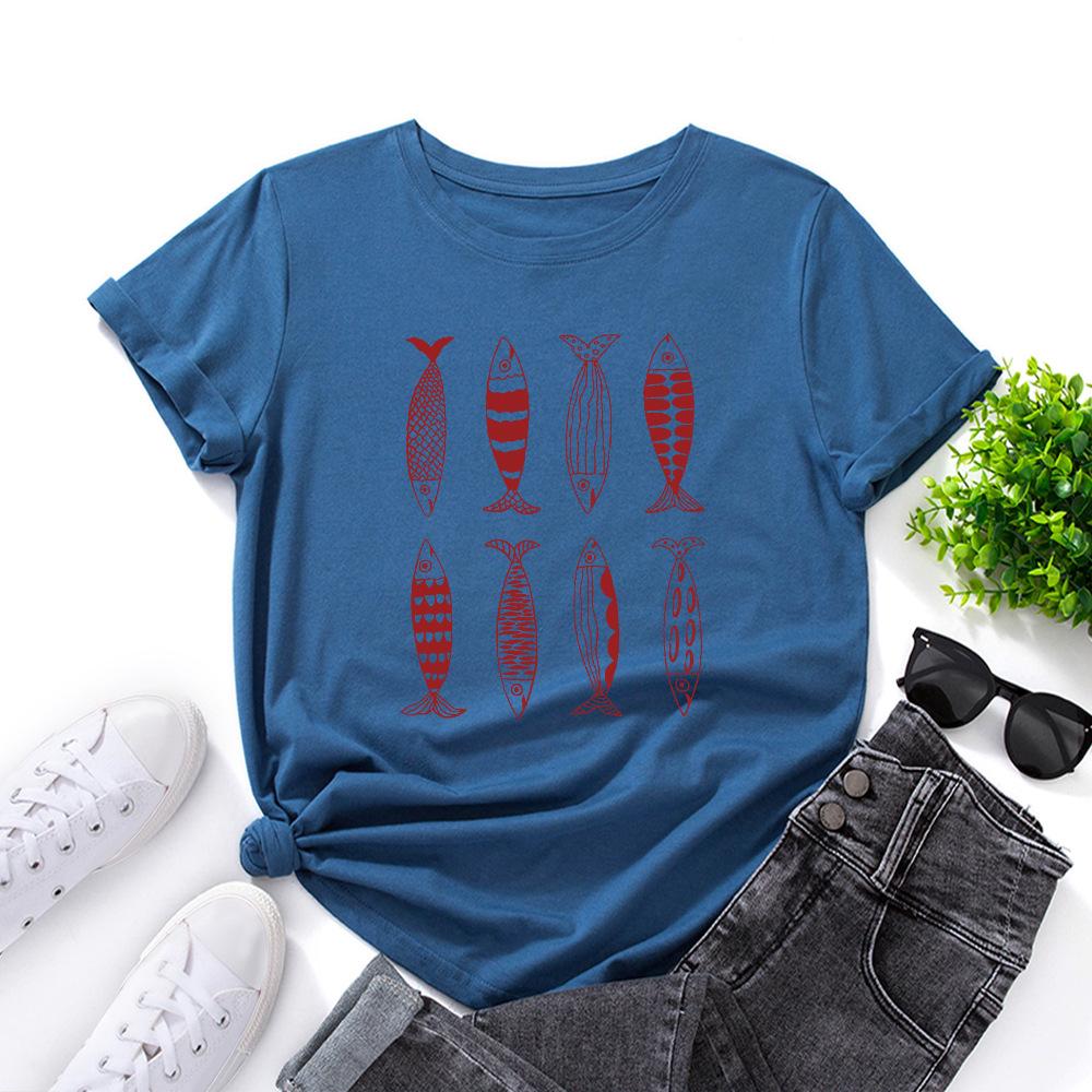 Cotton T-Shirt Short Sleeve Round Neck Women 2d Print Tops