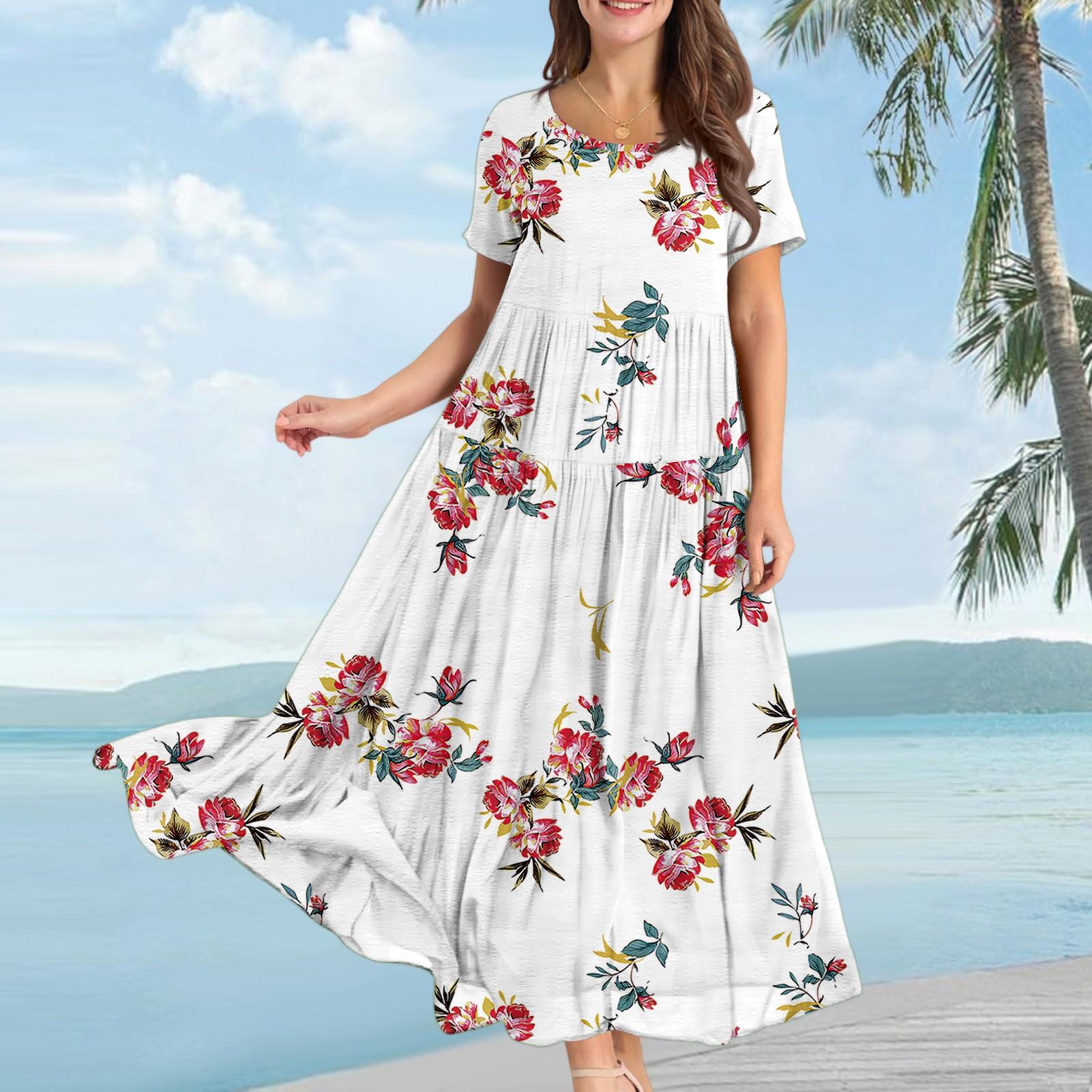 

Женское повседневное свободное богемное платье с цветочным принтом, длинное макси-платье с коротким рукавом, летнее пляжное платье-качели M белый