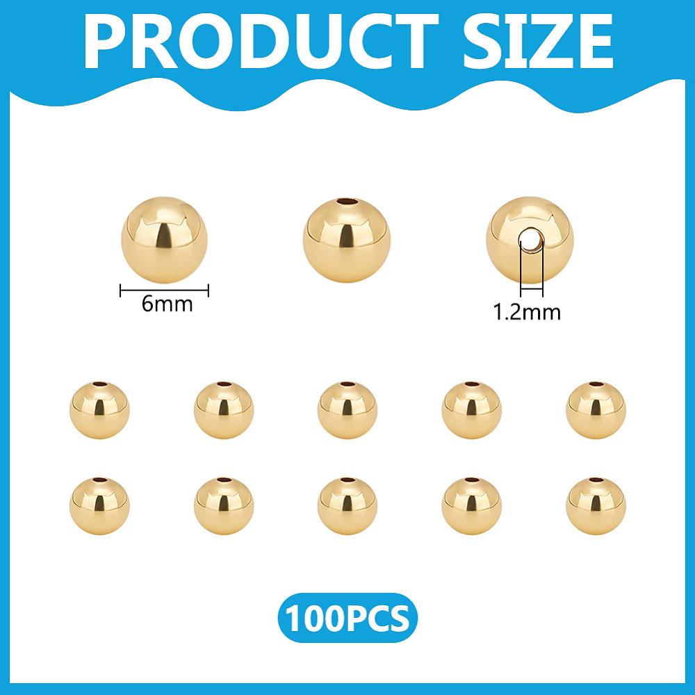 100Pcs Brass Beads, Long-Lasting, Round, Real 18K Gold Plated, 6mm, Hole: 1.2mm