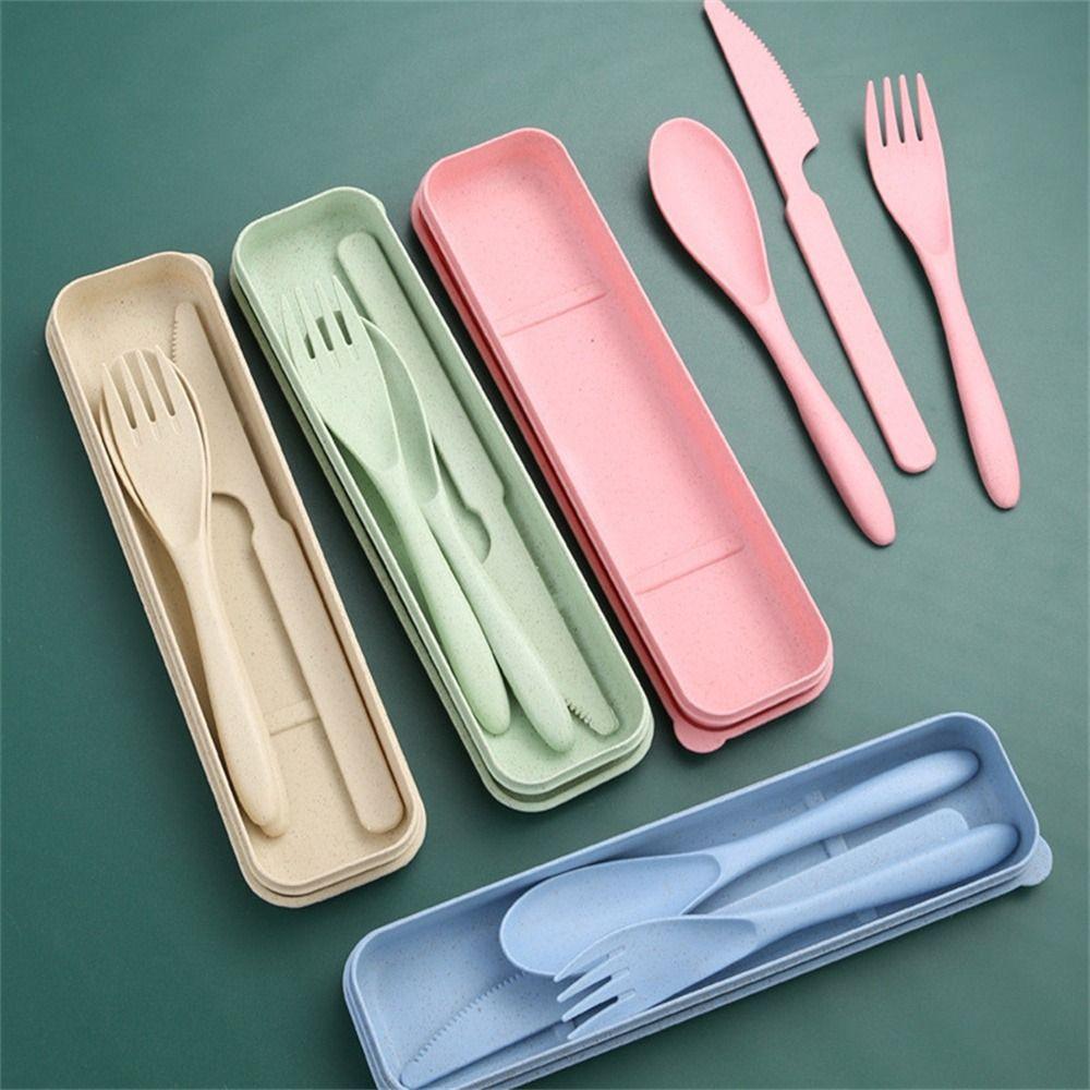 With Case Camping Utensil Set Wheat Straw Camping Spoon Fork Travel Utensils  Daily Use