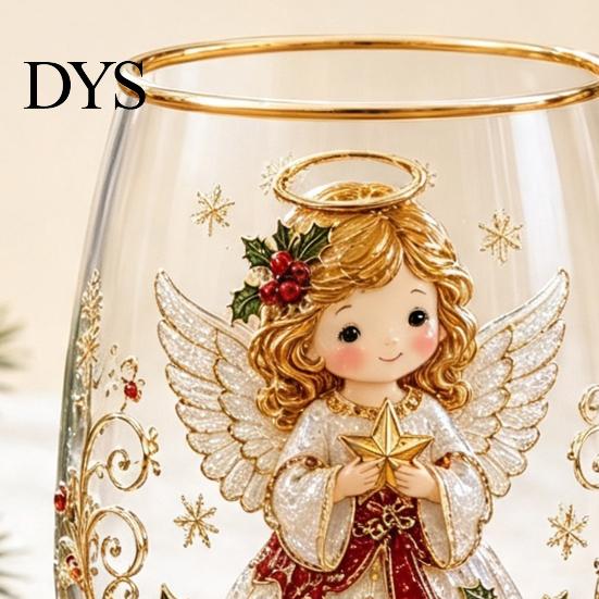 Christmas Themed Water Mug 330ML Glass Cup, Wreath/Santa Claus/Elk/Stockings/Snowman Pattern Holiday Glassware Compact for Breakfast Wine, Coffee,