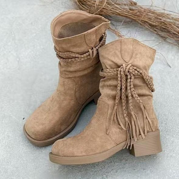 Autumn and winter new retro fringed thick heel short boots suede round head stacking boots medium heel women's boots