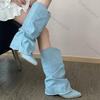 Fashion Comemore Women Pleats Blue Denim Mid-calf Boots Autumn Thick Heeled Pointed Toe Cowboy Botas Woman Slip On Western Long Boots