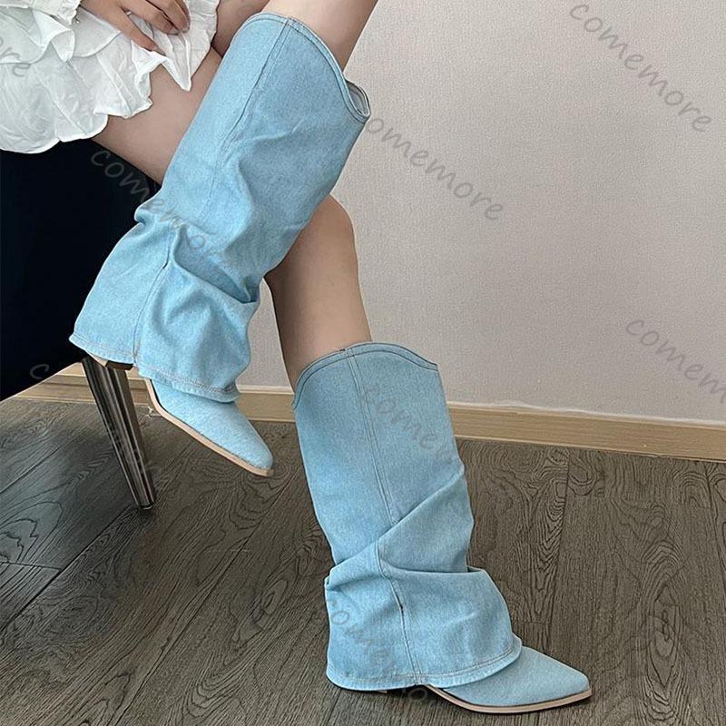 Fashion Comemore Women Pleats Blue Denim Mid-calf Boots Autumn Thick Heeled Pointed Toe Cowboy Botas Woman Slip On Western Long Boots