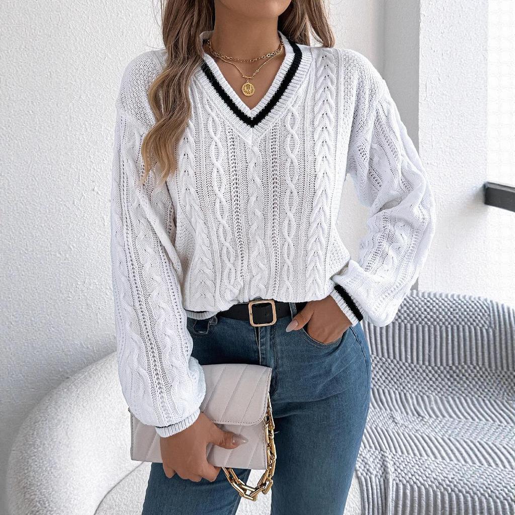Women's V-Neck Knit Sweater Cable Pattern Long Sleeve Casual Top Solid Color Pullover