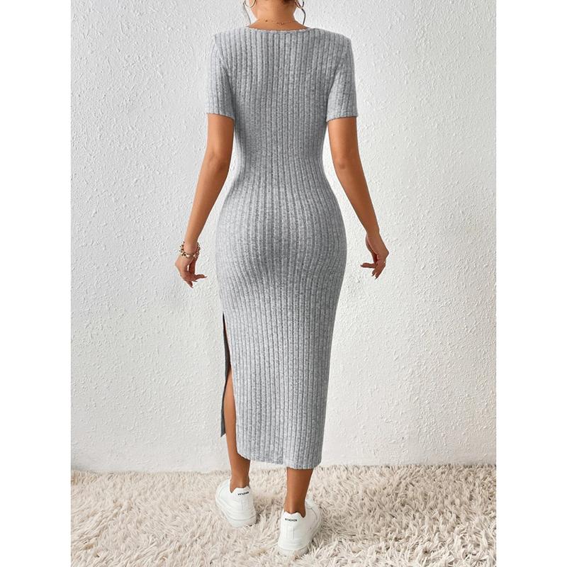 Summer New Short Sleeve Women's Knitted Dress Elegant Fashion Square Neck Sexy Dress Women Slim Fit Split High Waist Casual Dresses for Women 25102