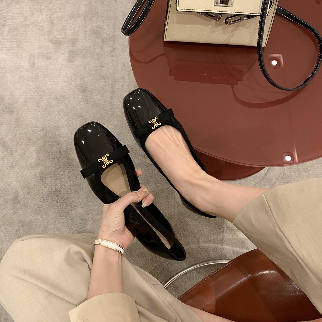 Sheepskin Version~ Grape Ma Same French Noble Red Gold Buckle Bow Square Round Head Light Mouth Ladyshoes Single Shoes Women